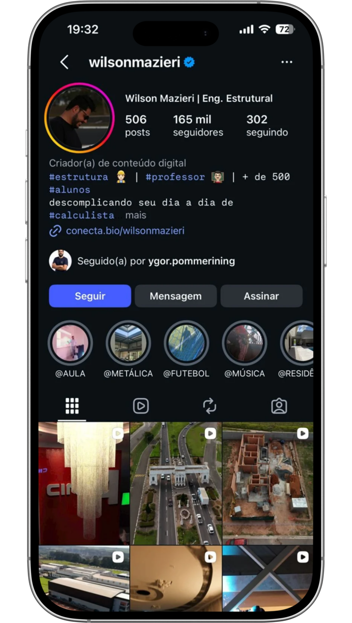 Perfil de Wilson Mazieri no Instagram, com 165 mil seguidores